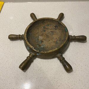 Vintage Brass Ship Wheel Tray: Nautical Trinket Dish